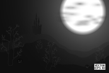 Black and White Halloween Festive Background. Haunted Castle on Mountain. Witches in the Moonlight Sky. Holiday Wallpapers. Vector. 3D Illustration