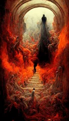 Gordijnen The hell inferno metaphor, souls entering to hell in mesmerize fluid motion, with hell fire and smoke © DigitalGenetics