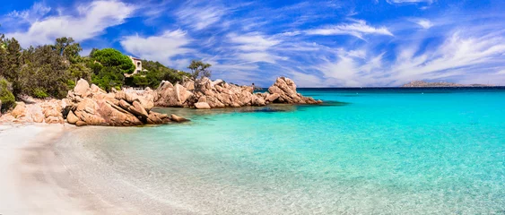Poster Italy summer holidyas . Sardegna island - stunning Emerald coast (Costa Smeralda) with  beautiful beaches.  popular Capriccioli beach with turquoise sea © Freesurf