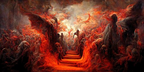 Die Höllen-Inferno-Metapher, Seelen, die in hypnotisierender flüssiger Bewegung in die Hölle eintreten, mit Höllenfeuer und Rauch