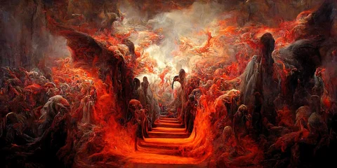 Deurstickers De metafoor van de hel inferno, zielen die de hel binnengaan in betoverende vloeiende beweging, met hellevuur en rook © DigitalGenetics