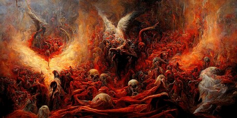 The hell inferno metaphor, souls entering to hell in mesmerize fluid motion, with hell fire and smoke - obrazy, fototapety, plakaty