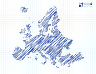 Blue vector silhouette chaotic hand drawn scribble sketch of Europe map on grid background.