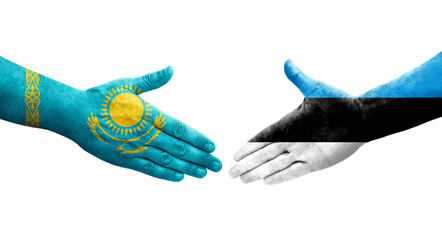 Handshake between Estonia and Kazakhstan flags painted on hands, isolated transparent image.