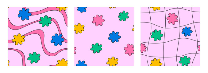 Fototapeta na wymiar Set of cute seamless psychedelic pattern with wavy lines, distorted cage and groovy retro flowers. Kid core aesthetic. Vector abstract backgeounds in 00s, 90s, y2k style