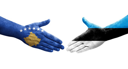 Handshake between Estonia and Kosovo flags painted on hands, isolated transparent image.