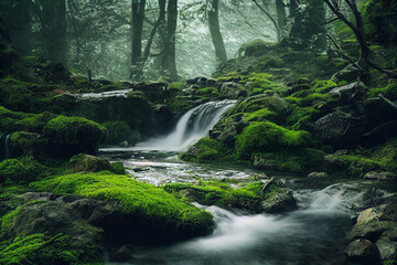 Natural forest waterfall with rocks and green moss 8k wallpaper background.