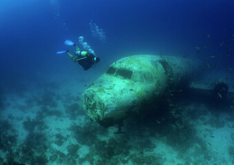 a passenger plane sunk on the island of Aruba and divers visiting the wreck