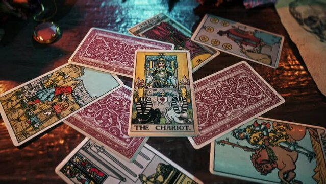 Tbilisi, Georgia - January 05, 2003. The Chariot Forecasting Card Illustrates Brave Warrior In Armor Bringing Belief In Future Success. Ancient Future Forecasting Belief. Future Forecasting Spell