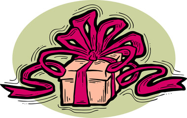 Gift box with bow, hand drawn illustration. Cartoon style vector drawing. Decorative element for poster print, Christmas party, birthday, wedding celebration, anniversary event, sale discount.