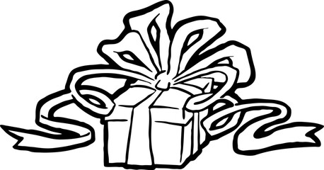 Gift box with bow, hand drawn illustration. Cartoon style vector drawing. Decorative element for poster print, Christmas party, birthday, wedding celebration, anniversary event, sale discount.