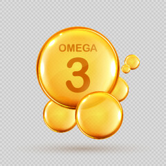 Omega 3. Vitamin drop. Fish oil capsule. Gold essence. Vector realistic illustration