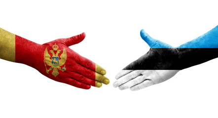 Handshake between Estonia and Montenegro flags painted on hands, isolated transparent image.