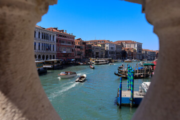 View through the Rialto Bridge to the Canal Grande in Venice, Italy