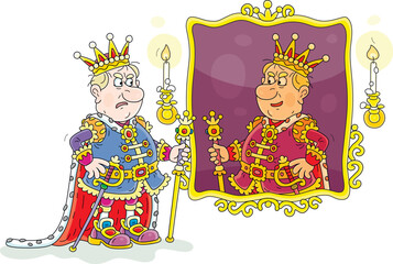 Funny angry king in a golden crown arguing with himself and talking to his reflection in a mirror by candlelight, vector cartoon illustration isolated on a white background
