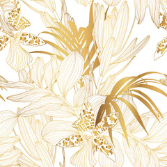 Fototapeta na wymiar Luxury gold nature background. Floral seamless pattern, Golden bananas, palms, exotic flowers, line arts illustration.