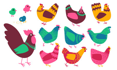 Vector rooster and hen illustrations. Cartoon style. Doodle chicken set