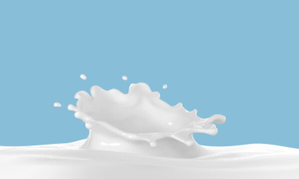 Abstract milk splash with drops isolated on blue background. Vector realistic illustration