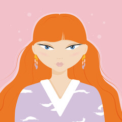 girl with red hair of Asian appearance on a pink background, illustration