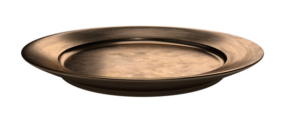Isolated Side View of Copper Plate or Vintage Golden Dish, Old Crockery on White Background, Realistic Shot of 3D Illustration.