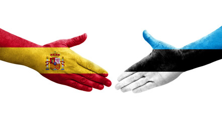 Handshake between Estonia and Spain flags painted on hands, isolated transparent image.