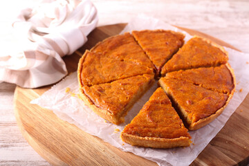 Sweet potato pie, sliced,