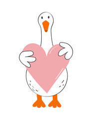 Goose standing with a heart in his hands.  Hand drawn modern vector illustration.
