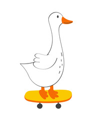 The goose is riding a scooter. Hand drawn modern vector illustration.
