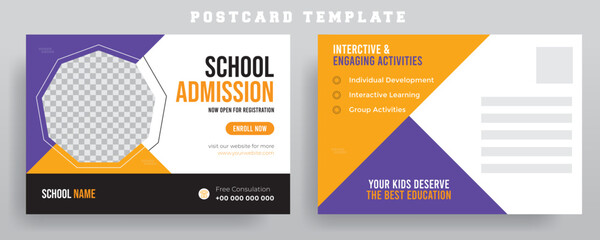 School Admission Post Card Template Design, Junior Kids school education admission timeline cover layout and web banner template, Eddm Postcard Design for Kids. Corporate Professional Business