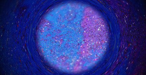 Glitter round frame. Blur fluorescent background. Sequin vortex. Neon blue purple pink color...