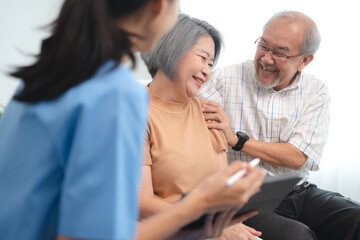 Obraz premium health insurance of retired assistance concept, woman nurse or doctor help support senior patient at home, medicine caregiver having medical health care for elderly female to happy care at home