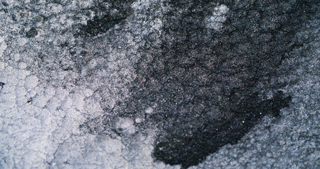 Winter frost abstract background. Frozen crystals. Ice grain. Monochrome black white rough texture grunge wallpaper with free space.