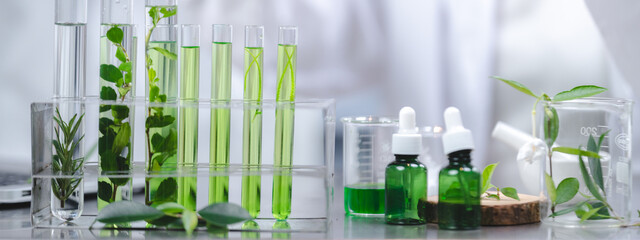 eco skin care beauty products in laboratory development concept, Natural drug research with organic...