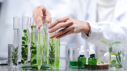 eco skin care beauty products in laboratory development concept, Natural drug research with organic...