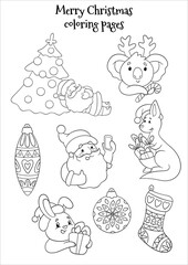 Merry Christmas and Happy New Year greeting card. Black and white vector illustration for coloring book. Hare, kangaroo, koala, sock, rabbit, santa and tree are here. 