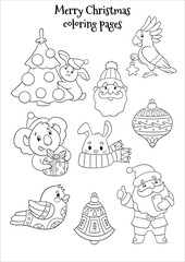 Merry Christmas and Happy New Year greeting card. Black and white vector illustration for coloring book. Hare, parrot, koala, bird, bell, rabbit, santa and tree are here. 
