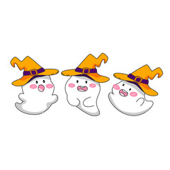 A little ghost wearing a witch's hat smiles cutely. Cartoon vector art and illustration.