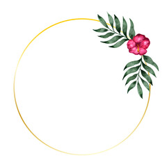 Golden circle frame with green and watercolor tropical palm, banana and monstera leaves vector illustration. Elegant Element for wedding design, greeting cards and crafting, place for text