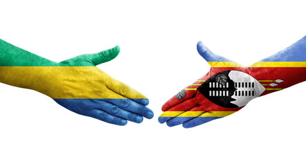 Handshake between Eswatini and Gabon flags painted on hands, isolated transparent image.