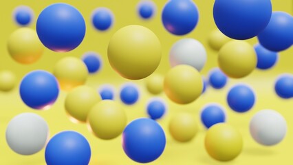 Blurred abstract 3D background with yellow and blue balls, wallpaper with spheres
