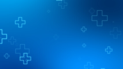 Medical health blue cross neon light shapes pattern background. Abstract healthcare technology and science concept.