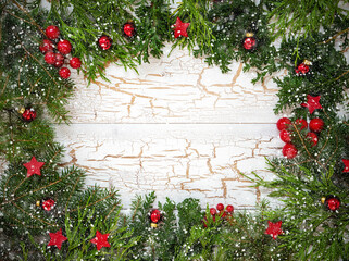 Fototapeta na wymiar Christmas, Fir Branch, Copy Space, Red Ornament Balls, Snowflakes