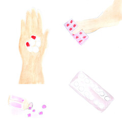 Watercolor set pills and drugs, medicine and treatment. Art decoration, sketch. Illustration hand drawn modern
