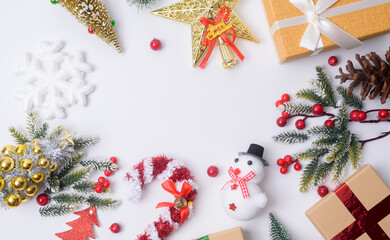 Top view Christmas flat lay  decorations on white background