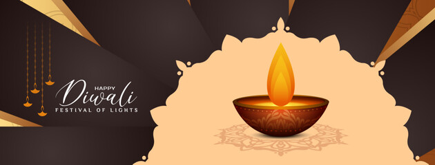 Happy Diwali religious cultural festival celebration banner with diya