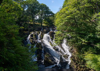 Fototapeta na wymiar the Swallow Falls waterfall in Anglesey in northern Wales surrounded by lush green summer vegetation