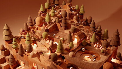 Wooden Marble Run Toy with Forest Theme and Warm Lighting. 3D Rendering
