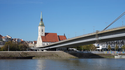 View across the Danube River to St. Martin's Cathedral in the old part of Bratislava, Slovakia