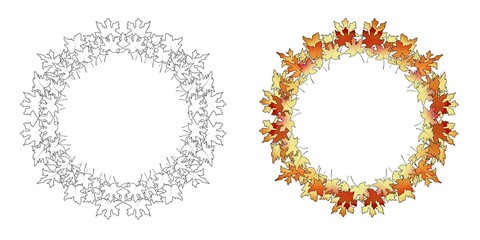 Autumn leaves. Wreath. Coloring page for kids and adults.