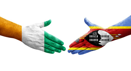 Handshake between Eswatini and Ivory Coast flags painted on hands, isolated transparent image.